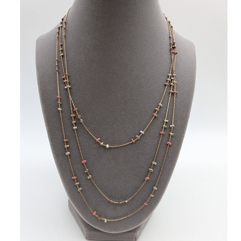 Triple Strand Layered‎ Necklace Gold Silver Coral Pink Bar Bead Long Chain